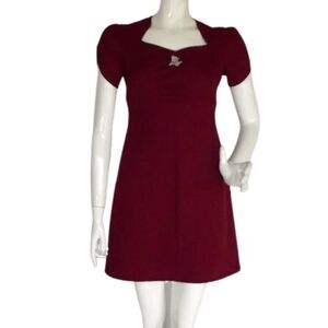 VINTAGE Mod Dress, XS, Maroon Poly, Petal Sleeves, Empire waist, Attached Tie